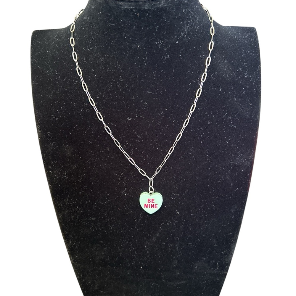 Conversation Hearts Be Mine Mint Green Heart Charm Silver Necklace Chain - Picture 5 of 6